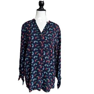 FOR THE REPUBLIC Blouse Size S Navy Peacock V-Neck Long Sleeve Tie Cuff Office